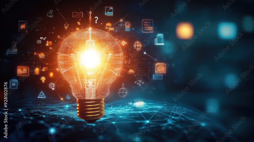 Brightly glowing light bulb at the center of a digital globe surrounded by business icons and innovation symbols representing global ideas. Brightly glowing light bulb at the center of a digital globe surrounded by business icons and innovation symbols representing global ideas.