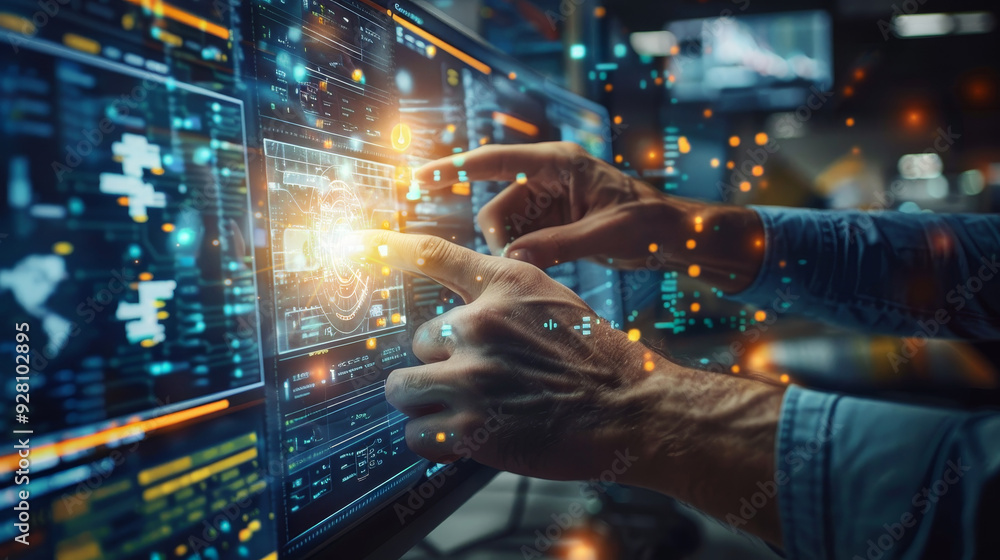 Hands interact with futuristic data screens, showcasing technology, analysis, and digital interfaces in a modern workspace. Hands interact with futuristic data screens, showcasing technology, analysis, and digital interfaces in a modern workspace.