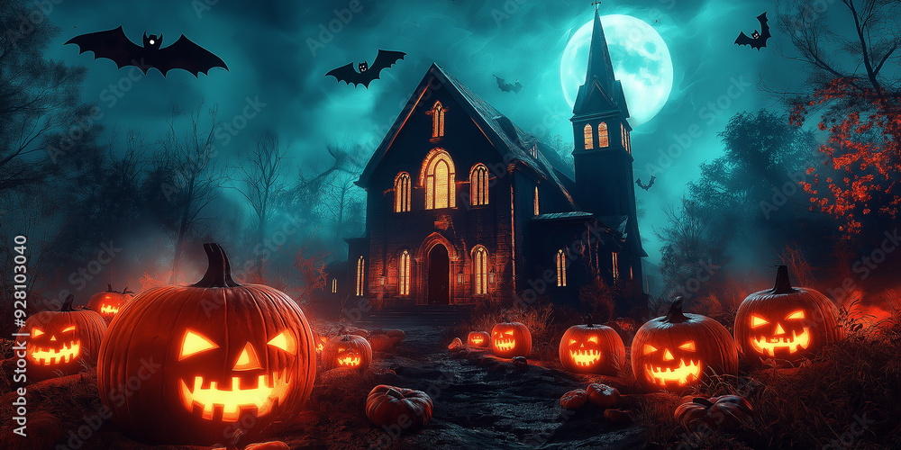 Spooky old church glowing under full moon with halloween pumpkins and flying bats Spooky old church glowing under full moon with halloween pumpkins and flying bats