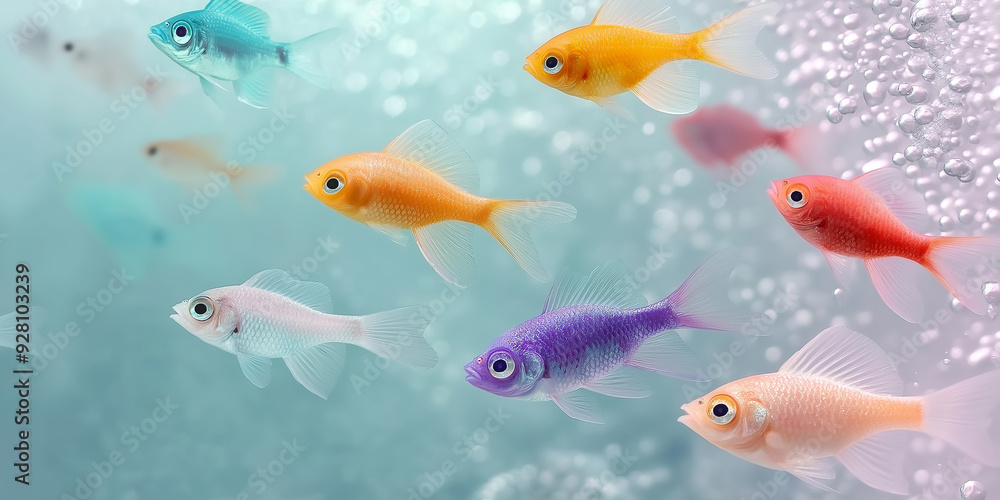 Fototapeta premium Colorful fish swimming in aquarium with bubbles