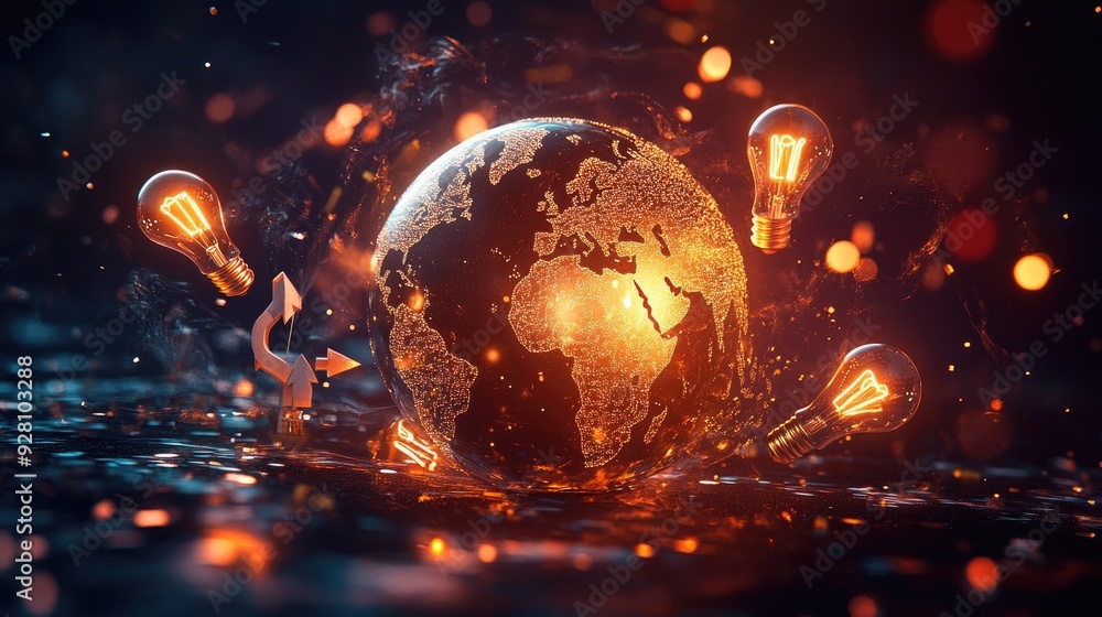 Business growth concept with a 3D globe at the center, with light bulbs, arrows, and dollar signs spiraling around, symbolizing global ideas and success. Business growth concept with a 3D globe at the center, with light bulbs, arrows, and dollar signs spiraling around, symbolizing global ideas and success.