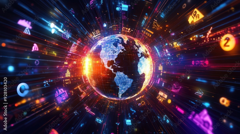 Fototapeta premium Business idea network visualized through a 3D globe surrounded by icons of different sectors, with vibrant light trails connecting them.