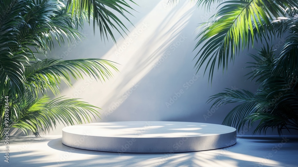 A white round podium with tropical plants and rays of light. The layout for the product presentation A white round podium with tropical plants and rays of light. The layout for the product presentation