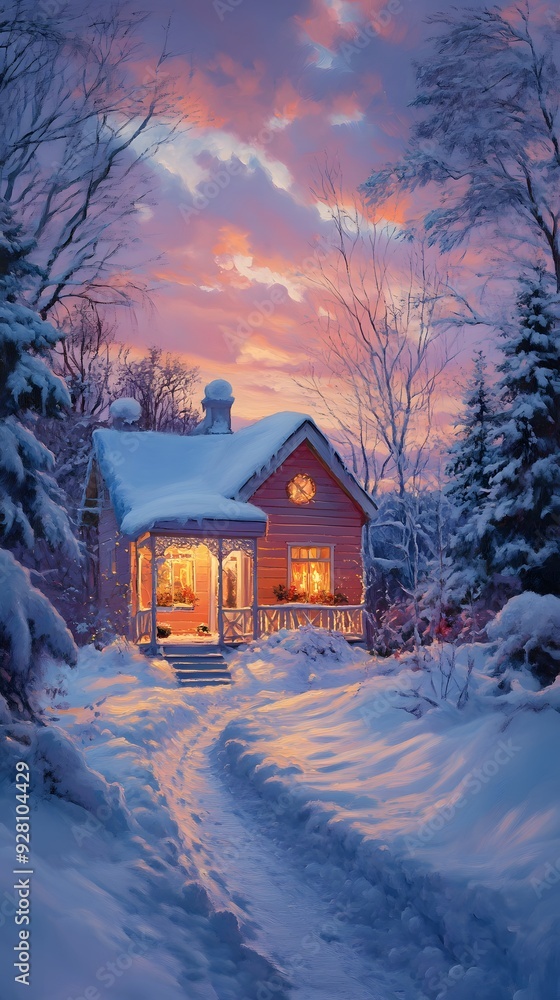 A colorful house in snow with warm lights, trees, and a beautiful sunset.
A colorful house in snow with warm lights, trees, and a beautiful sunset.