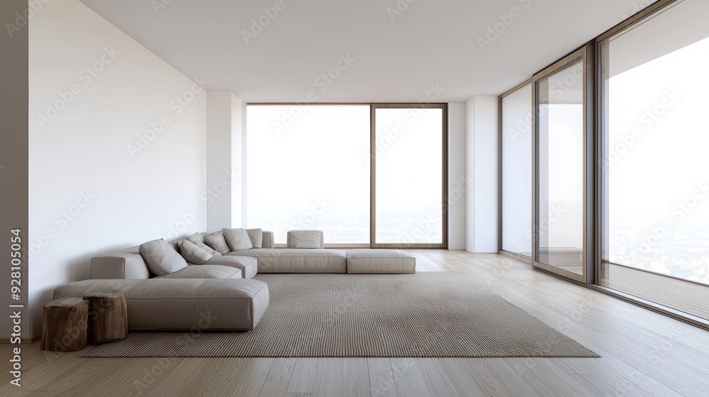 Minimalist Living Room with Large Windows and City View Minimalist Living Room with Large Windows and City View