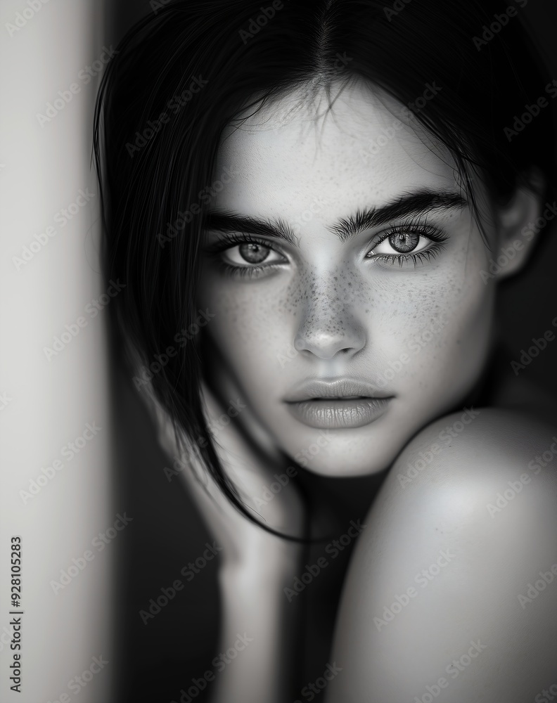 Fototapeta premium closeup woman freckles face alluring black white blur effect business products supplies battle dreamy insanely