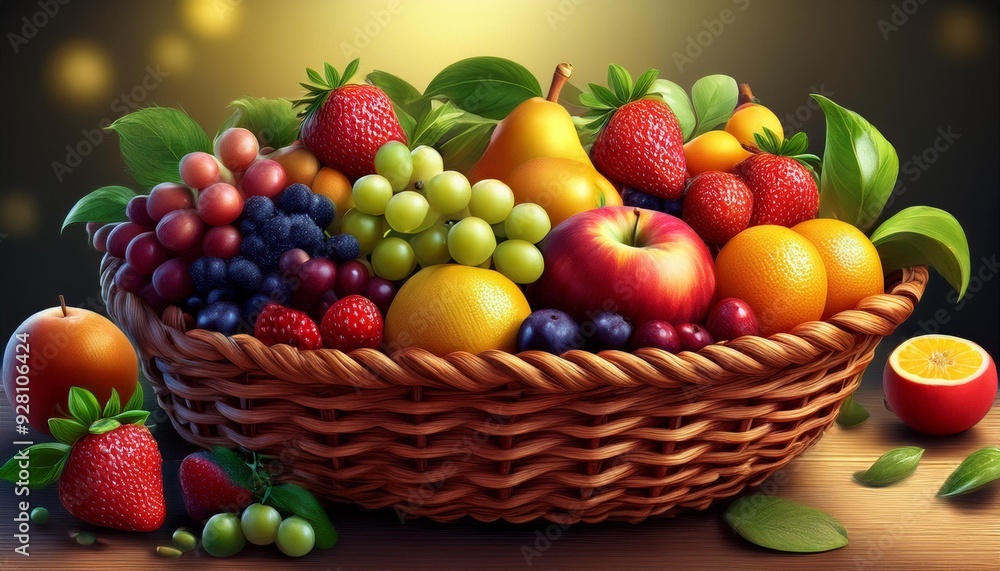A basket filled with a variety of fresh fruits including apples, oranges, grapes, bananas, and more A basket filled with a variety of fresh fruits including apples, oranges, grapes, bananas, and more