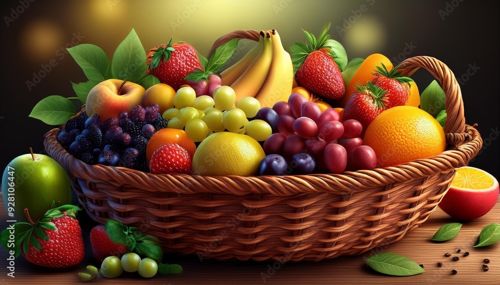 A basket filled with a variety of fresh fruits including apples, oranges, grapes, bananas, and more A basket filled with a variety of fresh fruits including apples, oranges, grapes, bananas, and more