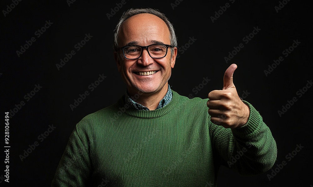 Fototapeta premium Smiling middle-aged man in green sweater and glasses showing a thumbs-up sign against a dark background. A photorealistic capture of confidence and approval.