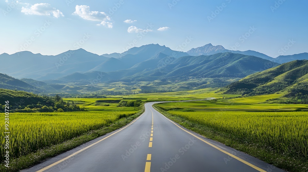Naklejka premium Winding Road with Green Fields and Mountains