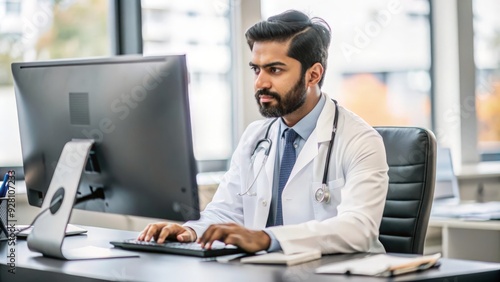 Indian Healthcare Administrator at Desk - Indian healthcare administrator working at a desk with medical records and a computer, managing hospital or clinic operations. 