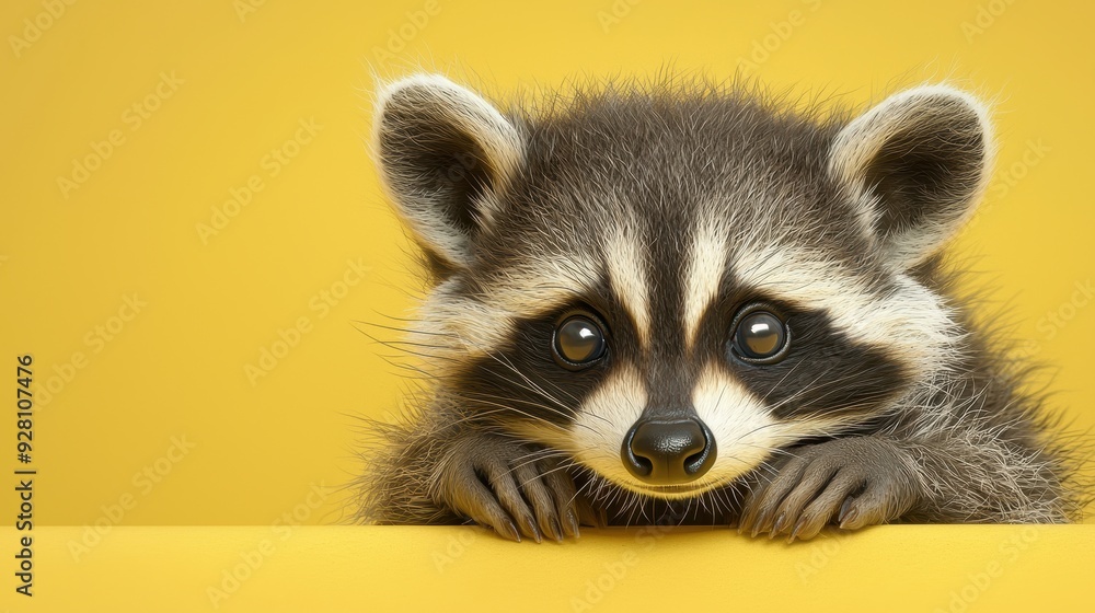 Obraz premium Adorable Baby Raccoon Against Yellow Background with Curious Expression