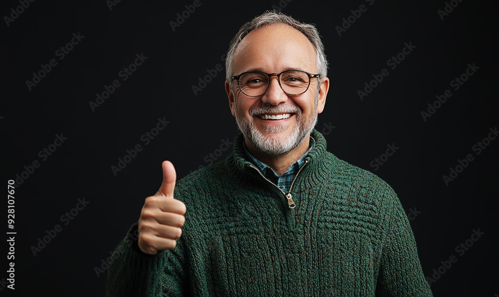 Middle-aged man with glasses and a green sweater making a thumbs-up gesture and beaming with a smile, against a dark backdrop. Capturing a moment of approval and self-assurance. Middle-aged man with glasses and a green sweater making a thumbs-up gesture and beaming with a smile, against a dark backdrop. Capturing a moment of approval and self-assurance.