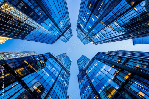 A Low Angle View of Tall Glass Buildings in a City