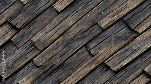 Close-up view of an old wooden roof with overlapping weathered brown shingles