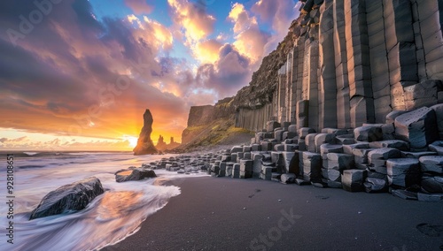 Black basalt columns in the shape of hexagons photo