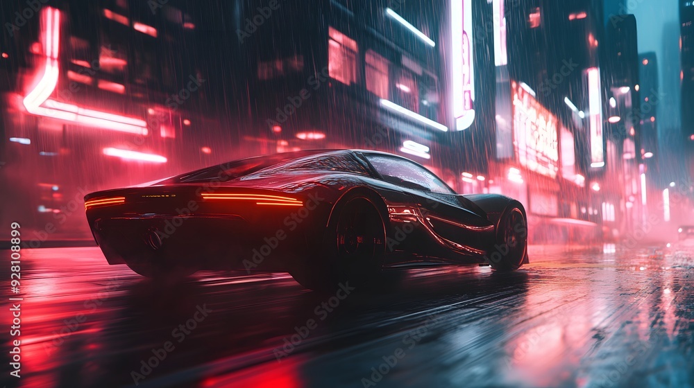 A sports car speeding by neon-lit futuristic buildings with a cool 80s cyberpunk look. A sports car speeding by neon-lit futuristic buildings with a cool 80s cyberpunk look.