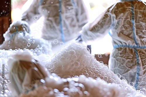 Workers in hazmat suits spraying white foam, bubbles close-up, industrial cleaning, cinematic lighting, hyper realistic. photo