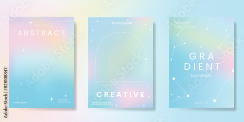 Abstract pastel gradient background vector set. Minimalist style cover template with planet, star, sparkle. Modern wallpaper design perfect for poster, flyer, social media, card, prints.