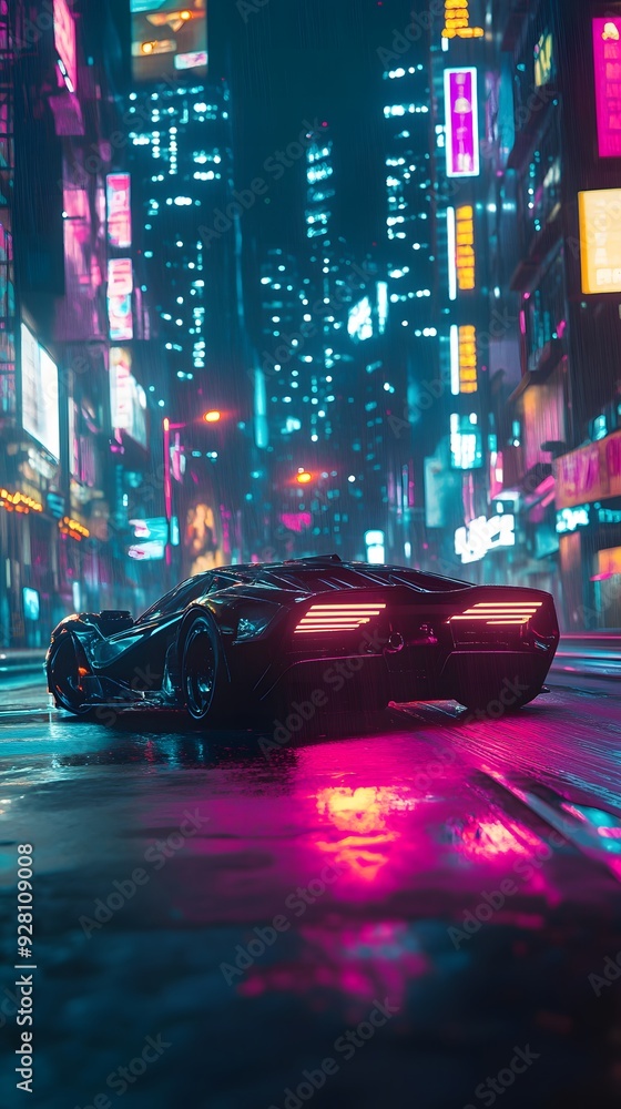 A sports car speeding by neon-lit futuristic buildings with a cool 80s cyberpunk look. A sports car speeding by neon-lit futuristic buildings with a cool 80s cyberpunk look.