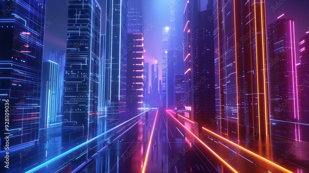 Obraz premium Futuristic cityscape with neon lights and glowing skyscrapers, showcasing a vibrant and immersive urban environment.