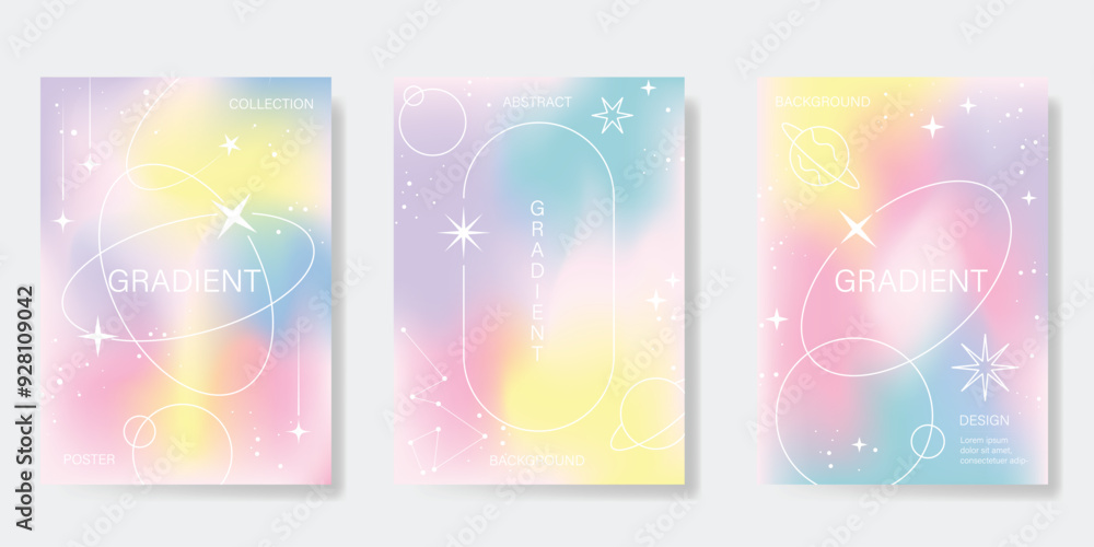 Abstract pastel gradient background vector set. Minimalist style cover template with planet, star, saturn, sparkle. Modern wallpaper design perfect for poster, flyer, social media, card, prints.