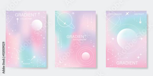 Abstract pastel gradient background vector set. Minimalist style cover template with planet, star, saturn, sparkle. Modern wallpaper design perfect for poster, flyer, social media, card, prints.