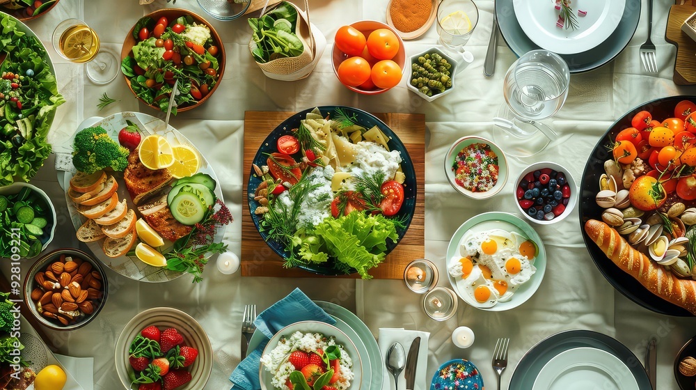 A table set with a variety of foods, including salads, fruits, vegetables, nuts, and bread. A table set with a variety of foods, including salads, fruits, vegetables, nuts, and bread.
