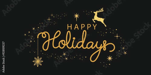 Merry Christmas quote with gold reindeer, sparkle background vector. Happy holidays illustration doodle style alphabet for t-shirt, sticker, print, poster, social media, .