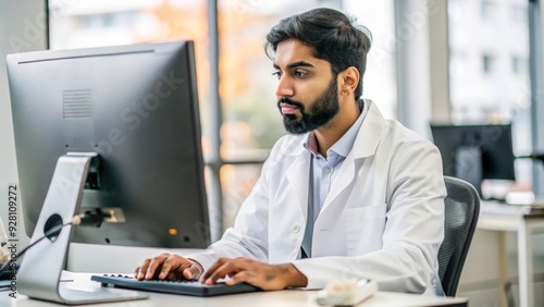 Indian Medical Transcriptionist at Work - Indian male medical transcriptionist working at a computer, transcribing medical records with attention to detail.
