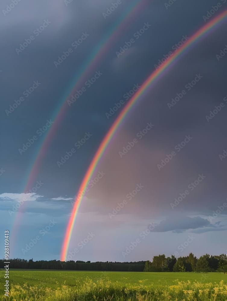Ethereal double rainbow arcs over lush green fields beneath a dramatic stormy sky, blending nature's vibrant colors with dark, moody clouds Ethereal double rainbow arcs over lush green fields beneath a dramatic stormy sky, blending nature's vibrant colors with dark, moody clouds