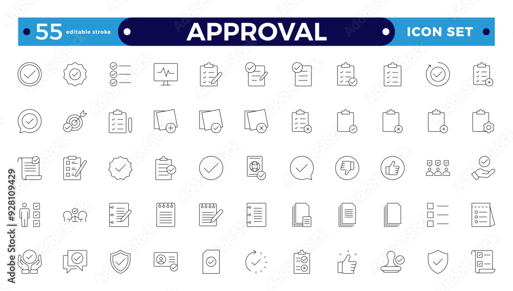 Approval Outline icons set. Check mark, certified, validation, agreement, thumps up, settings, shield icons, and more signs. Flat icon collection. Editable stroke outline icon. Approval Outline icons set. Check mark, certified, validation, agreement, thumps up, settings, shield icons, and more signs. Flat icon collection. Editable stroke outline icon.
