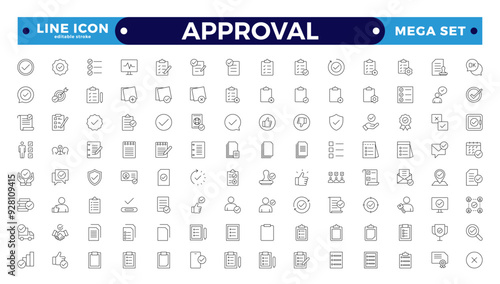 Approval Outline icons set. Check mark, certified, validation, agreement, thumps up, settings, shield icons, and more signs. Flat icon collection. Editable stroke outline icon. 