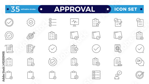 Approval Outline icons set. Check mark, certified, validation, agreement, thumps up, settings, shield icons, and more signs. Flat icon collection. Editable stroke outline icon. 