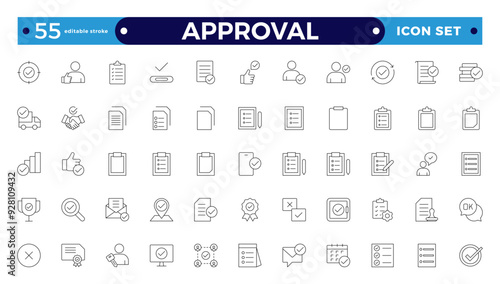 Approval Outline icons set. Check mark, certified, validation, agreement, thumps up, settings, shield icons, and more signs. Flat icon collection. Editable stroke outline icon. 