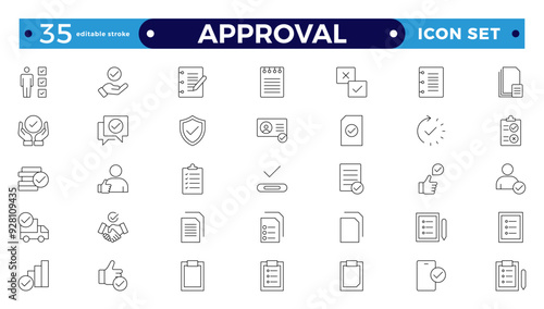 Approval Outline icons set. Check mark, certified, validation, agreement, thumps up, settings, shield icons, and more signs. Flat icon collection. Editable stroke outline icon. 