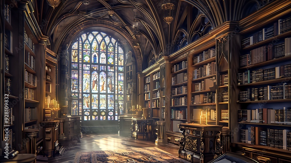 A traditional library with high, arched ceilings, ornate wooden shelves, and soft light filtering through stained glass windows, creating a tranquil, inviting atmosphere A traditional library with high, arched ceilings, ornate wooden shelves, and soft light filtering through stained glass windows, creating a tranquil, inviting atmosphere