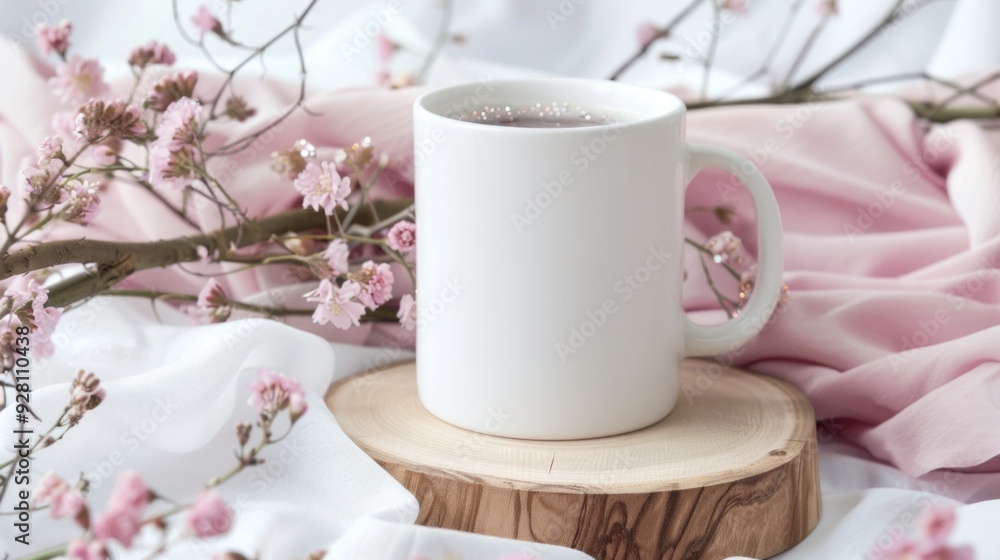White mockup mug on wooden cup coaster with pink flowers and fabric with glitter White mockup mug on wooden cup coaster with pink flowers and fabric with glitter