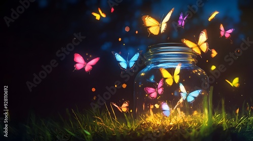 Colorful Glowing Butterflies in a Magical Jar photo