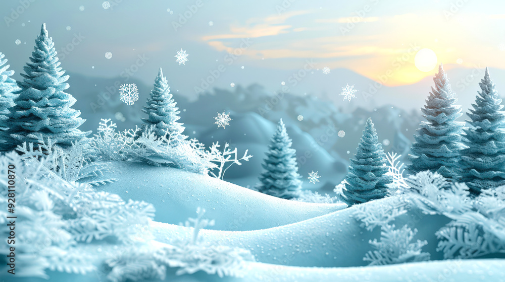 A snow-covered landscape with several trees and the sun in the background. Beautiful winter panorama with fir trees. Christmas background. Happy new year A snow-covered landscape with several trees and the sun in the background. Beautiful winter panorama with fir trees. Christmas background. Happy new year