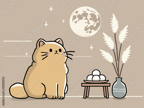 満月に見とれるかわいい猫
秋の夜、かわいい猫が満月を見上げて静かなひとときを過ごしています。傍らにはお月見団子とススキを並べ、和やかで温かみのある風景を表現しました。
