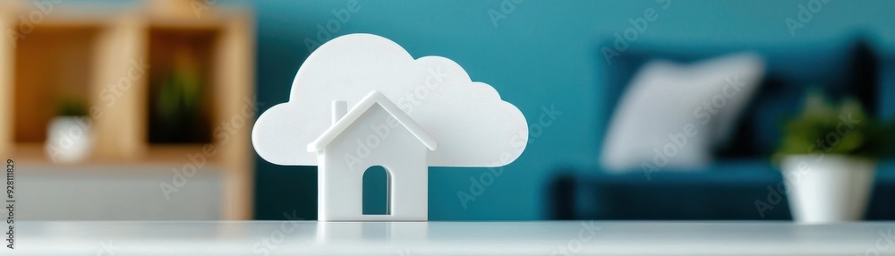 A modern home model with a cloud symbol, representing the concept of smart living and digital home services. A modern home model with a cloud symbol, representing the concept of smart living and digital home services.