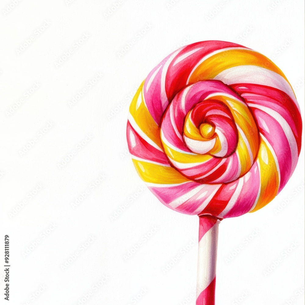 Colorful Swirl Lollipop on White Background Close-up of a colorful swirl lollipop against a white background, highlighting its vibrant red, yellow, and pink candy stripes Colorful Swirl Lollipop on White Background Close-up of a colorful swirl lollipop against a white background, highlighting its vibrant red, yellow, and pink candy stripes