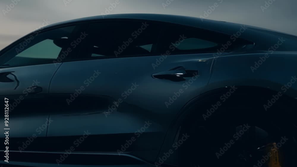 Luxurious black car parked on an empty road at sunset, reflecting the golden hour light. The sleek design exudes style and sophistication, symbolizing wealth and success Luxurious black car parked on an empty road at sunset, reflecting the golden hour light. The sleek design exudes style and sophistication, symbolizing wealth and success
