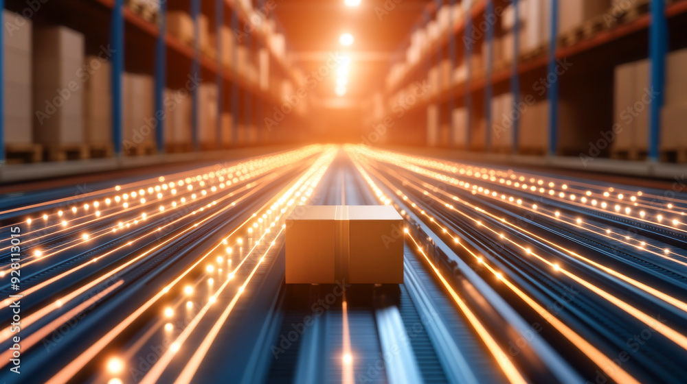 A modern warehouse scene with a single package moving along a conveyor belt, illuminated by bright light, showcasing efficiency. A modern warehouse scene with a single package moving along a conveyor belt, illuminated by bright light, showcasing efficiency.