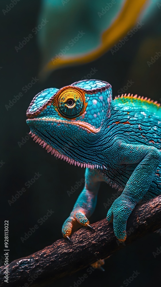 Fototapeta premium Bright Blue and Green Chameleon Up Close in Its Natural Home.