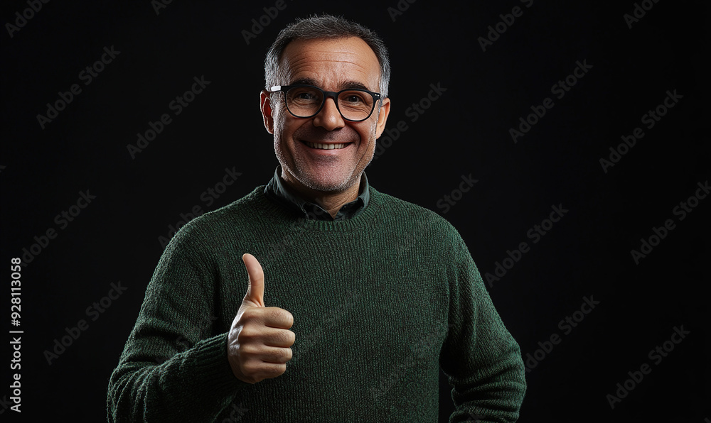 Happy middle-aged man wearing a green sweater and glasses making a thumbs-up sign against a black background. Showing positive vibes and self-assurance with a photorealistic touch. Happy middle-aged man wearing a green sweater and glasses making a thumbs-up sign against a black background. Showing positive vibes and self-assurance with a photorealistic touch.