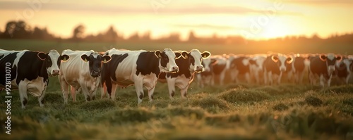 A milking session at sunrise with cows in an open field, showing the peaceful routine of a small, welfare-focused dairy farm, photo-realistic, serene animal care