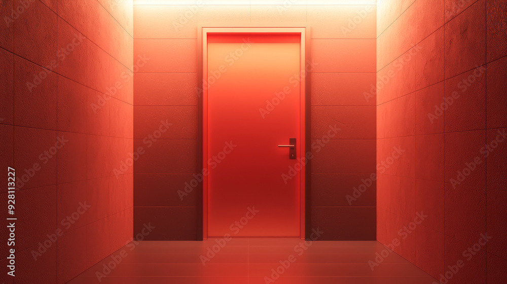 A sleek red hallway featuring a modern door, evoking mystery and intrigue in a contemporary setting. A sleek red hallway featuring a modern door, evoking mystery and intrigue in a contemporary setting.