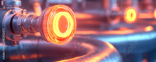 Close-up of glowing pipes and valves in an industrial setting, showcasing advanced technology and vibrant lighting effects. photo